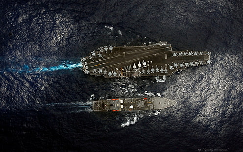 gray aircraft carrier, aircraft carrier, warship, ship, aerial view, sea, vehicle, military, HD wallpaper HD wallpaper