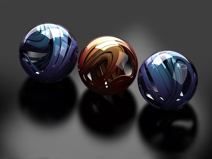 três bolas de gude azuis e marrons, bolas, vidro, metal, elegante, forma, HD papel de parede