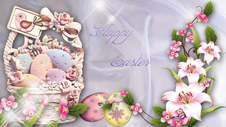 Shiny Easter, stars, bird, lilies, flowers, hine, easter, eggs, basket, holiday, 3d and abstract, HD wallpaper