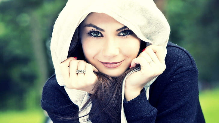 Brunette smiling for the camera, women's black and white hoodie, girls, 1920x1080, woman, smile, HD wallpaper