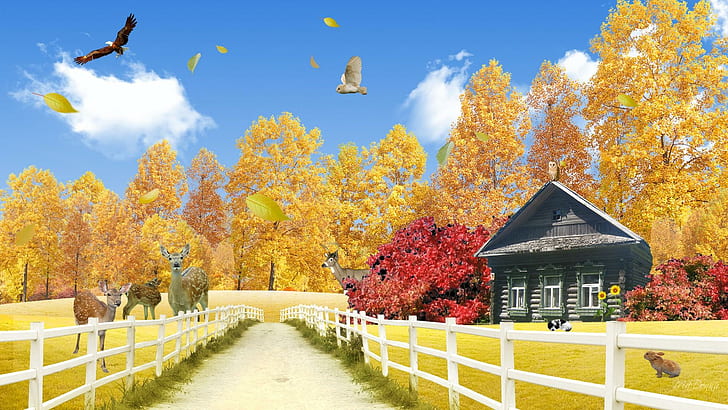 Fall At The Cabin, белый деревянный забор, домик, орел, осень, листья, лейн, олень, забор, деревья, бревенчатый дом, облака, персона Firefox, олень, кролик, HD обои