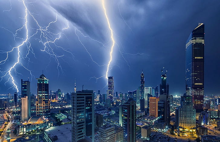 fotoğrafçılık manzara şimşek fırtınası gökdelen mimari yapı ışıkları gece kuveyt şehir, HD masaüstü duvar kağıdı