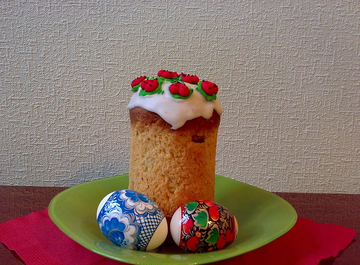 Easter, Cake, Eggs, Pair, Plate, Napkin, Table, HD wallpaper