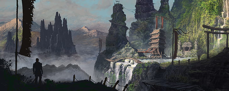 sztuka cyfrowa, wojownik, samuraj, krajobraz, świątynia, Azja, góry, sztuka fantasy, środowisko, posąg, Tapety HD