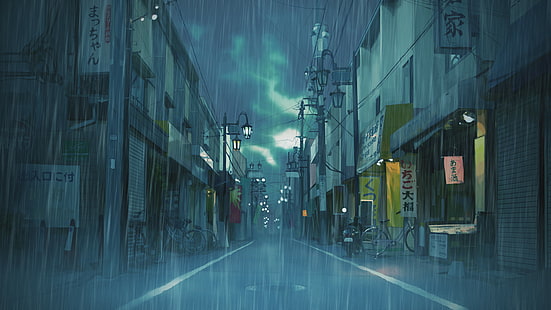 Asia, paisaje urbano, nubes, ilustración, Japón, paisaje, lluvia, calle, Fondo de pantalla HD HD wallpaper