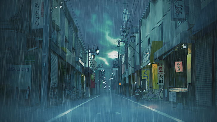 Asiático, japão, cityscape, nuvens, paisagem, ilustração, rua, chuva, HD papel de parede