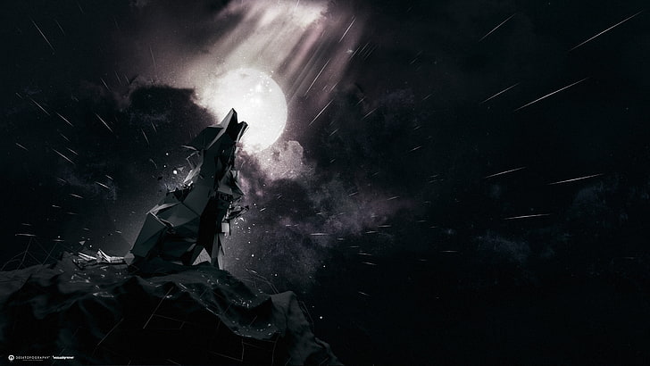 howling wolf illustration, the sky, rock, the moon, wolf, howl, desktopography, Starfall, Fenrir, HD wallpaper