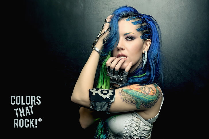 Damen weißes ärmelloses Top, Damen, blaues Haar, Tattoo, Alissa White-Gluz, grünes Haar, Arch Enemy, HD-Hintergrundbild