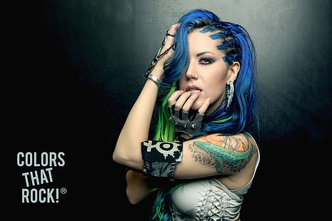 Top sin mangas blanco para mujer, mujer, cabello azul, tatuaje, Alissa White-Gluz, cabello verde, Arch Enemy, Fondo de pantalla HD HD wallpaper
