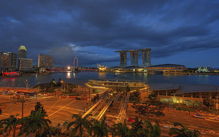 Singapore membangun pencakar langit Ferris Wheel Night HD, malam, bangunan, Cityscape, gedung pencakar langit, roda, kincir ria, singapura, Wallpaper HD
