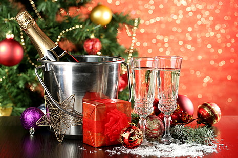 stainless steel bucket, winter, balls, toys, New Year, glasses, Christmas, gifts, tree, champagne, holidays, bucket, HD wallpaper HD wallpaper