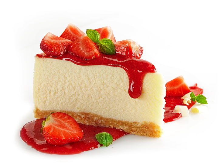 sliced cake with strawberries, berries, strawberry, pie, cake, mint, dessert, cakes, jam, cheesecake, HD wallpaper