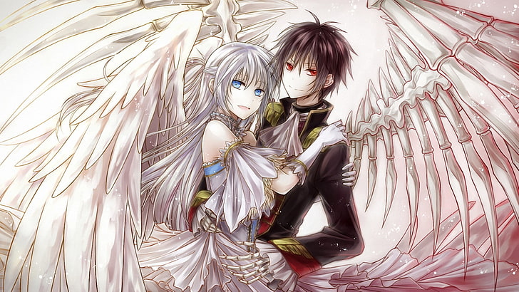 angel with guy illustration, girl, wings, the demon, art, bones, guy, red eyes, yuki rengetsu, HD wallpaper