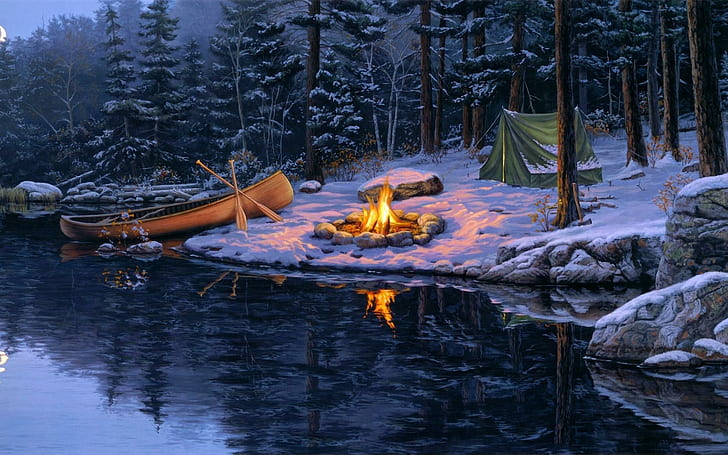 Camping near a river, painting of fire pit near to brown canoe and green tent, fantasy, 1920x1200, fire, snow, winter, boat, river, HD wallpaper