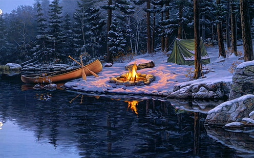 Кемпинг у реки, роспись костра у коричневого каноэ и зеленой палатки, фэнтези, 1920x1200, огонь, снег, зима, лодка, река, HD обои HD wallpaper