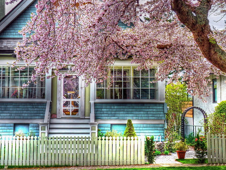 Casa de primavera, primavera, casa, árvores, flores, natureza, HDR, foto, HD papel de parede