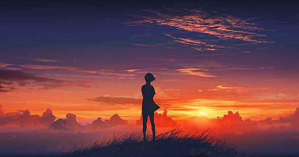 иллюстрация заката, аниме девушки, аниме, закат, небо, облака, оригинальные персонажи, Вечное лето, Лена (персонаж), HD обои HD wallpaper