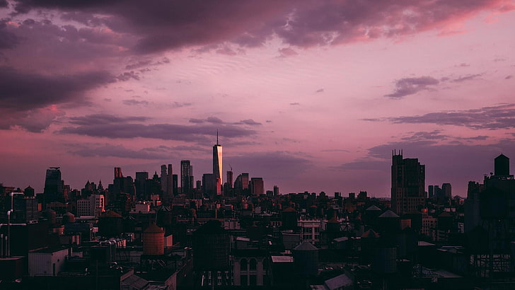 空、スカイライン、都市の景観、都市、紫の空、大都市、1つの世界貿易センター、ニューヨーク、高層ビル、夕暮れ、残光、日没、 HDデスクトップの壁紙