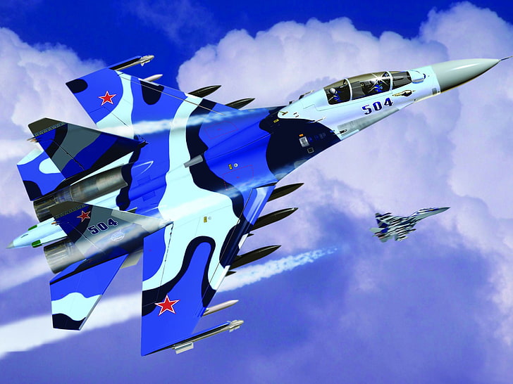 blue, white, and black fighter jet, the plane, fighter, art, BBC, OKB, Russian, multipurpose, Dry, Soviet, shock, double, Russia., highly maneuverable, developer, upgraded, commercial, SU-30MK, HD wallpaper