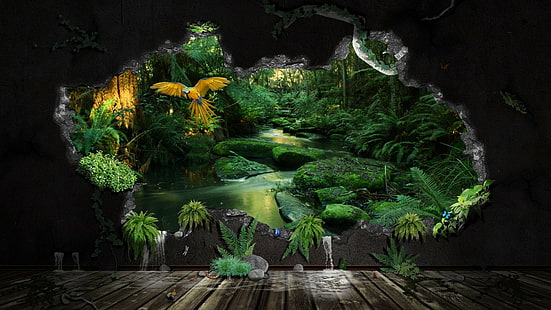 Dschungel, Natur, Bäume, Wald, Felsen, Bach, Papagei, Landschaft, Dschungel, Natur, Bäume, Wald, Felsen, Bach, Papagei, Landschaft, HD-Hintergrundbild HD wallpaper