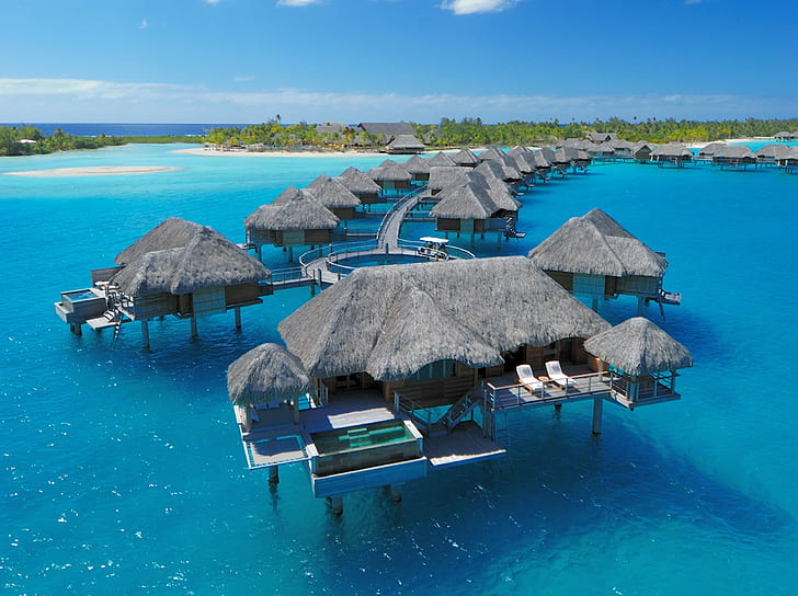 O oceano Bora Bora, restaurante da ilha, o oceano, Bungalow, Bora Bora, o hotel, HD papel de parede