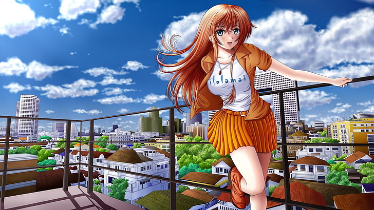 brown haired anime character illustration, girl, art, anime, wind, balcony, HD wallpaper