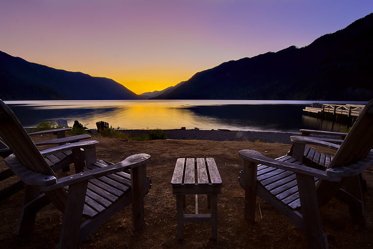 landscape, sunset, mountains, lake, shore, chairs, table, Washington, lake crescent lodge, olympic national park Crescent, HD wallpaper