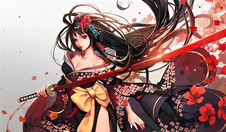 Anime, femmes guerrier, cheveux noirs, coloré, fleur, fille, kimono, cheveux longs, yeux rouges, épée, guerrier, Fond d'écran HD