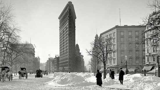 монохромная фотография, винтаж, фотография, ретро, ​​небо, здание, 1905 г., сша, нью-йорк, здание утюг, дерево, город, нью-йорк, ориентир, снег, зима, чёрно-белое, манхэттен, HD обои HD wallpaper