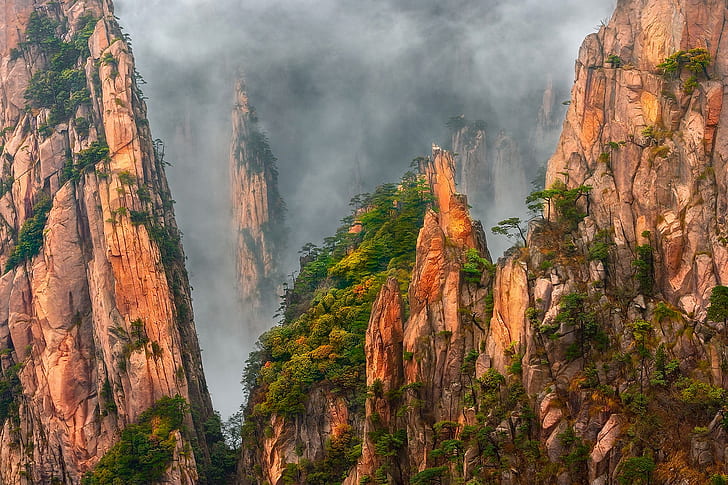 trees, mountains, fog, rocks, China, haze, pine, granite rocks, Huangshan, Anhui province, yellow mountain, HD wallpaper