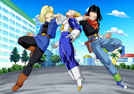 Android 17 and 18 fighting with Vegeta digital wallpaper, Dragon Ball, Dragon Ball Z, Vegeta, Android 18, Android 17, HD wallpaper HD wallpaper