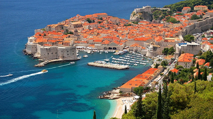 edifici in cemento bianco e marrone, Dubrovnik, mare, paesaggio urbano, Croazia, Sfondo HD