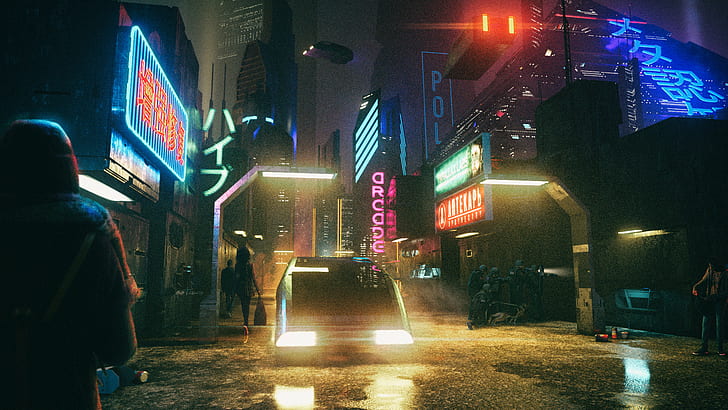 David Legnon, Cyberpunk, Neonlicht, Nacht, fliegendes Auto, Polizei, Taschenlampe, Retrowave, HD-Hintergrundbild