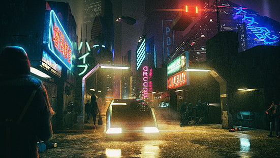David Legnon, cyberpunk, néon, nuit, voiture volante, police, lampe de poche, Retrowave, Fond d'écran HD HD wallpaper