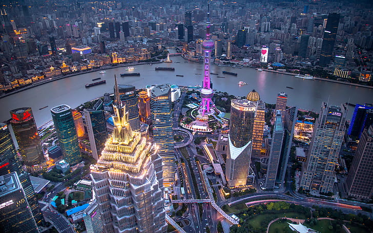 Шанхай, Китай, ночной вид, HD обои