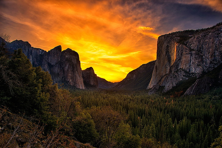 black and brown wooden table, landscape, Yosemite National Park, sunset, HD wallpaper