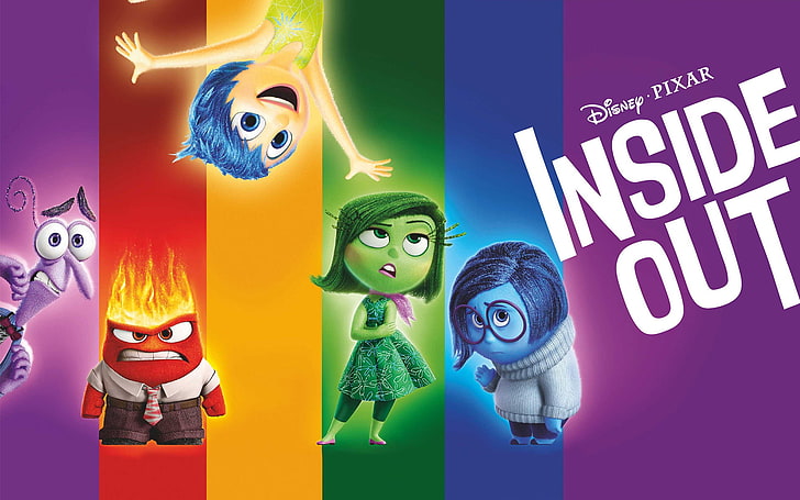 Disney Pixar Inside Out wallpaper, purple, color, blue, yellow, red, green, emotions, cartoon, Disney, Fear, Pixar, Puzzle, poster, characters, Joy, Inside Out, Anger, Disgust, Sadness, HD wallpaper