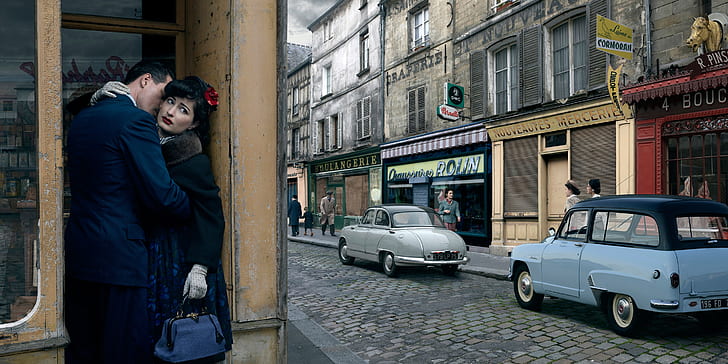 vintage, Paris, hommes, femmes, voiture, ville, Fond d'écran HD