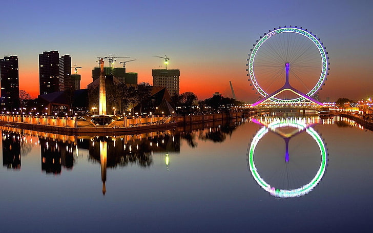 London Eye, ciudad, ferry, China, reflexión, rueda de la fortuna, Tianjin, Fondo de pantalla HD