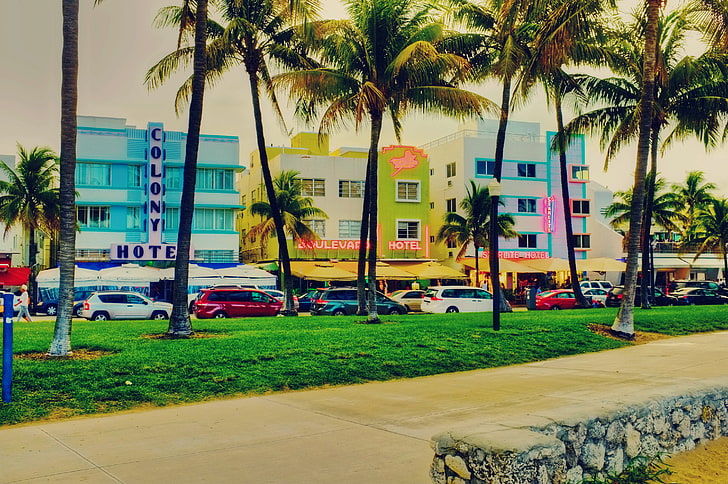 pohon-pohon palem hijau, rumah, Miami, FL, florida, hotel, wakil kota, Pantai Selatan, Wallpaper HD
