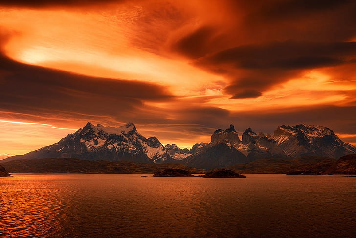 fotografi, landskap, natur, solnedgång, sjö, berg, snöig topp, bärnsten, moln, lugn, Torres del Paine, nationalpark, Chile, Patagonia, HD tapet