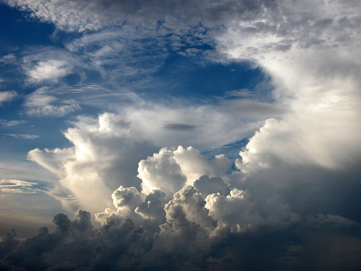 air, atmosphere, blue, clouds, cumulus, dramatic, sky, weather, white, HD wallpaper