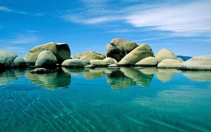 rock lot, stones, water, blue, stains, surface, HD wallpaper