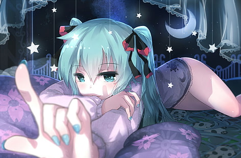 зеленоволосая девушка в лиловом топе, персонаж аниме, аниме девушки, вокалоид, хацунэ мику, звезды, луна, ночь, аниме, HD обои HD wallpaper
