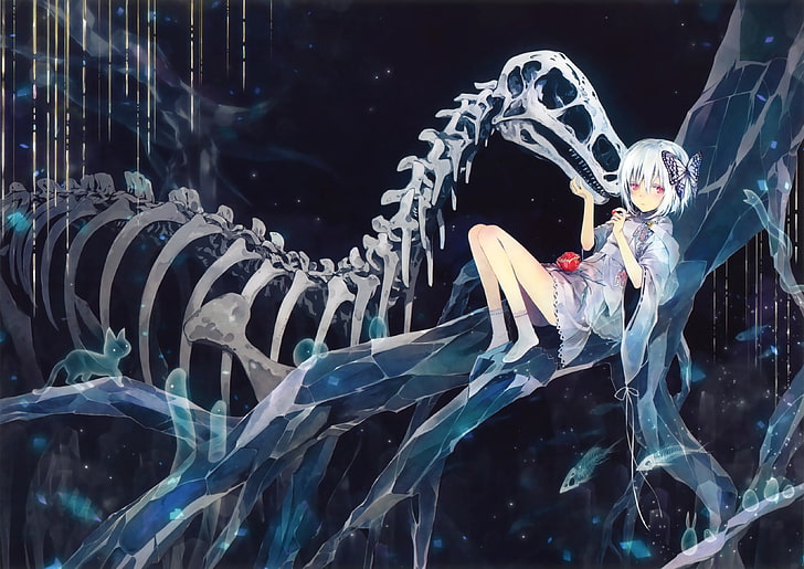 Anime Mädchen, weiße Haare, rote Augen, Monster Skelett, Anime, HD-Hintergrundbild