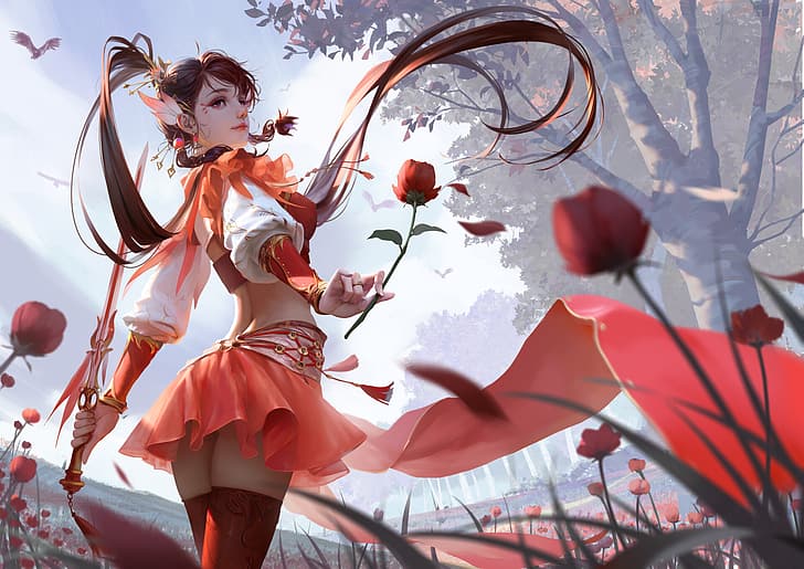 Rui Li, drawing, women, brunette, ponytail, face paint, looking away, warrior, sword, skirt, red clothing, thigh-highs, flowers, poppies, birds, field, wind, low-angle, HD wallpaper