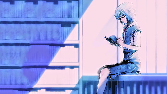 Neon Genesis Evangelion illustration, anime, blue hair, school uniform, Ayanami Rei, Neon Genesis Evangelion, anime girls, HD wallpaper HD wallpaper