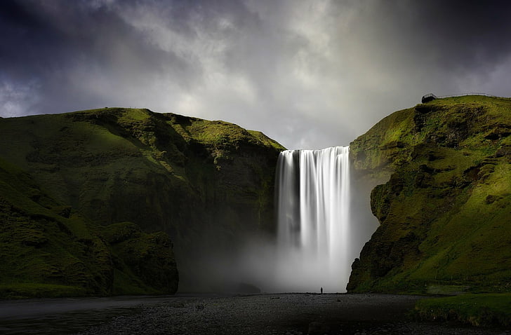 Водопады, водопад Skógafoss, Исландия, река, скалы, водопад, HD обои