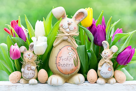 три декора за великденски зайчета, яйца, великден, великденски яйца, честит Великден, HD тапет HD wallpaper