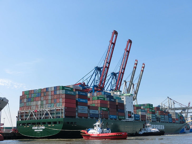 container ship, cranes, hamburg, harbor, ship, HD wallpaper